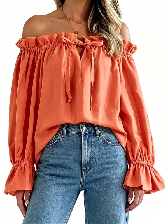 Long Sleeved Solid Women Off Shoulder Ruffle Blouse Tops