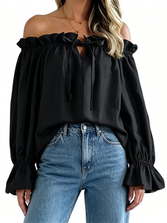 Long Sleeved Solid Women Off Shoulder Ruffle Blouse Tops