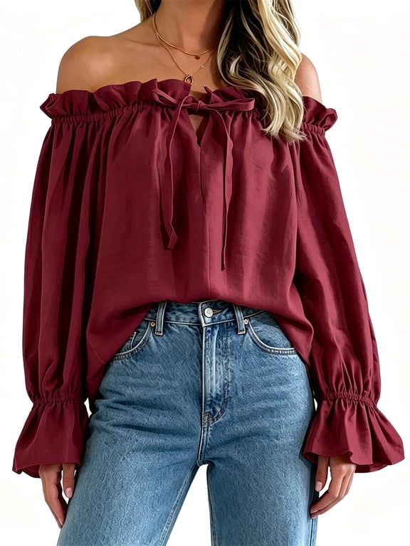 Long Sleeved Solid Women Off Shoulder Ruffle Blouse Tops