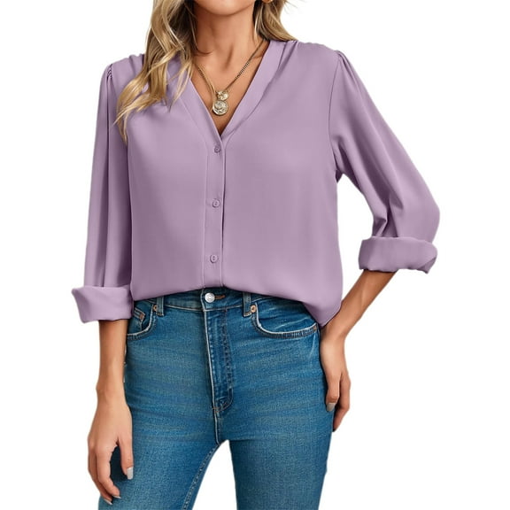 Long Sleeved Spring Fall Women's Chiffon V-Neck Button-Up Casual Pure Color Blouse for Business