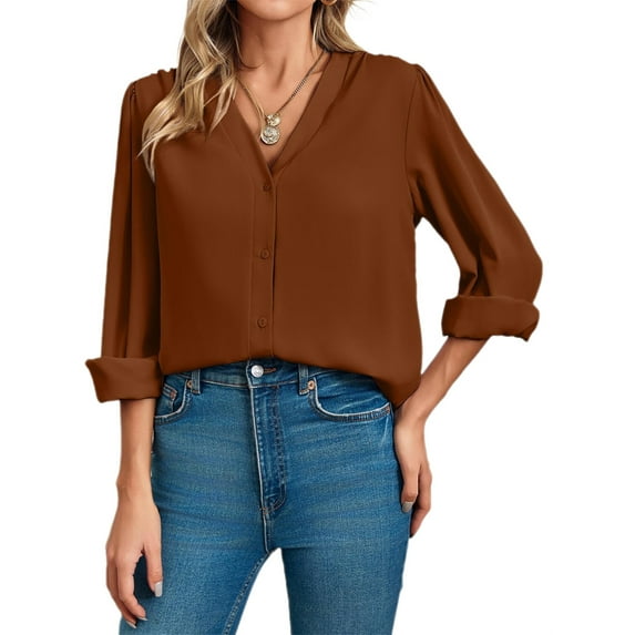 Long Sleeved Spring Fall Women's Chiffon V-Neck Button-Up Casual Pure Color Blouse for Business