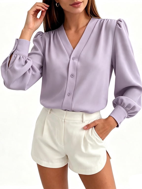 Long Sleeved Spring Fall Women's Chiffon V-Neck Button-Up Casual Pure Color Blouse for Business