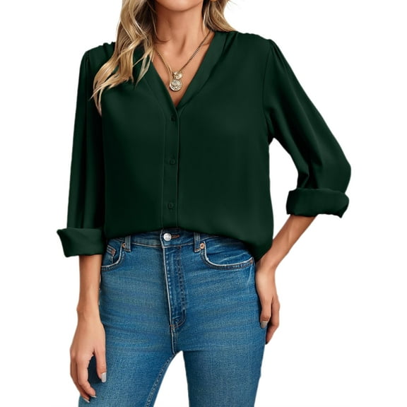 Long Sleeved Spring Fall Women's Chiffon V-Neck Button-Up Casual Pure Color Blouse for Business