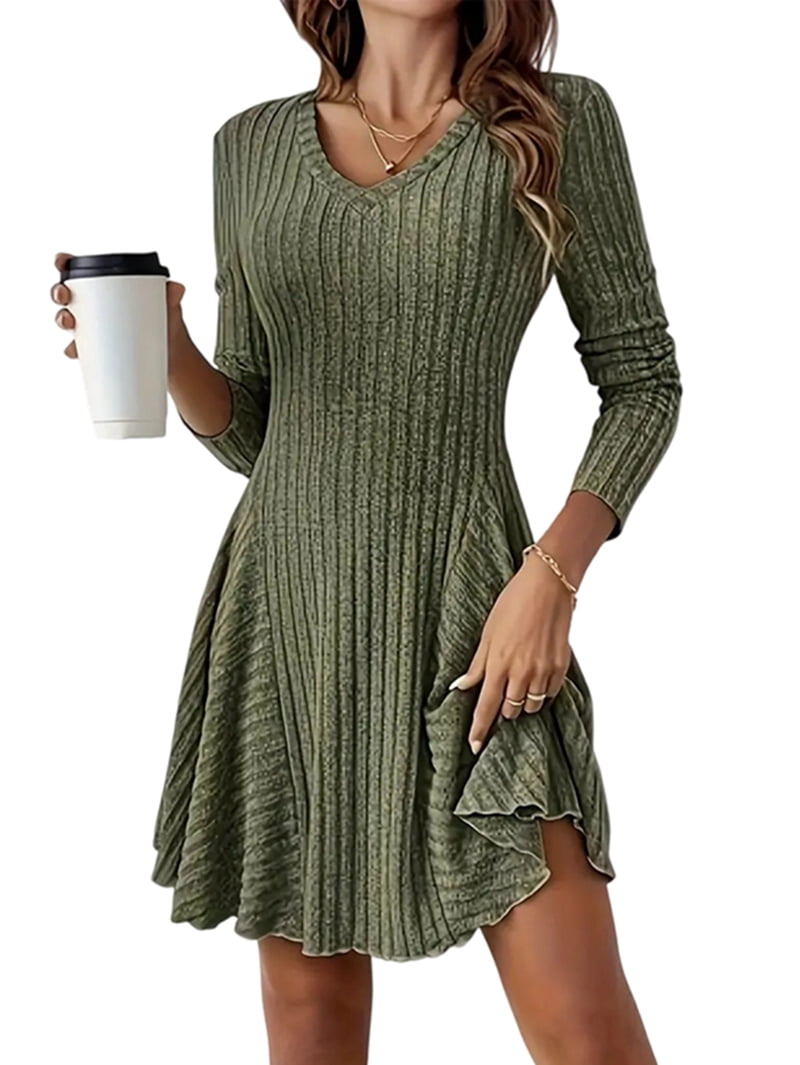Long-Sleeved Sweater Dress, Autumn Dress, Round Neck, High Waist, Slim  Dress, Women'S Casual Dress Army Green S