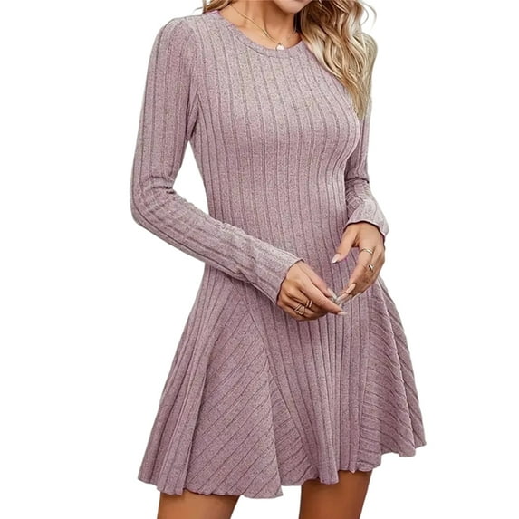 Long-Sleeved Sweater Dress, Autumn Dress, Round Neck, High Waist, Slim Dress, Women'S Casual Dress Lotus Pink L