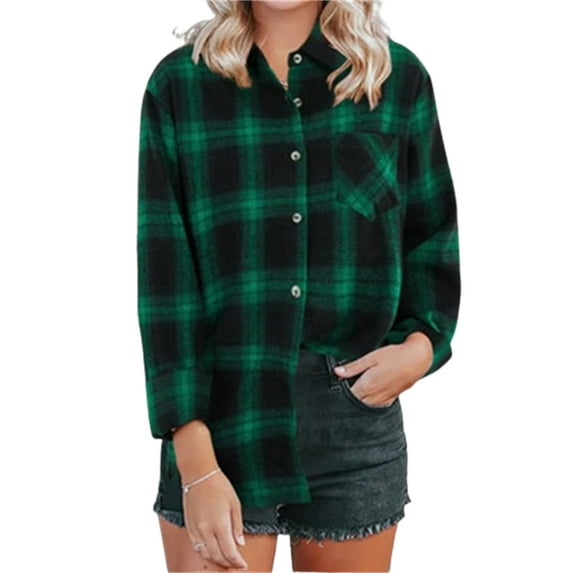 Long Sleeved Women Button Down Shirt Plaid Printing Casual Blouse