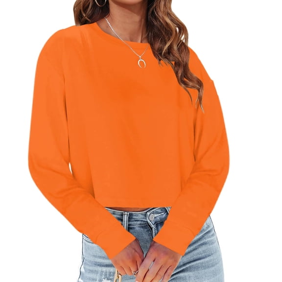 Long Sleeved Women Cropped T-Shirts Round Neck Drop Shoulder Crop Solid Casual Crop Tops