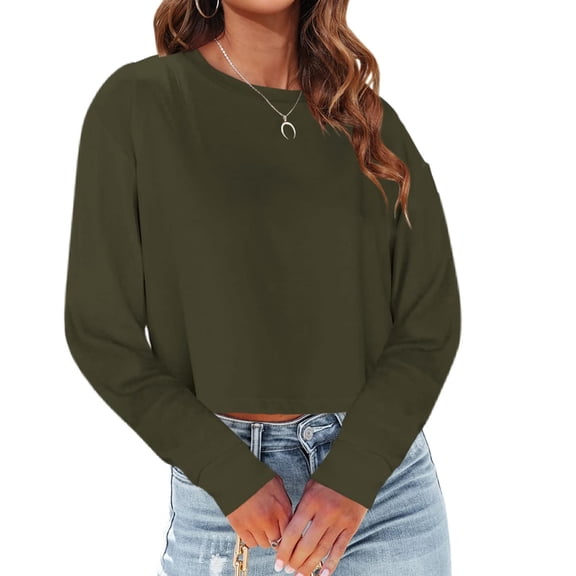 Long Sleeved Women Cropped T-Shirts Round Neck Drop Shoulder Crop Solid Casual Crop Tops