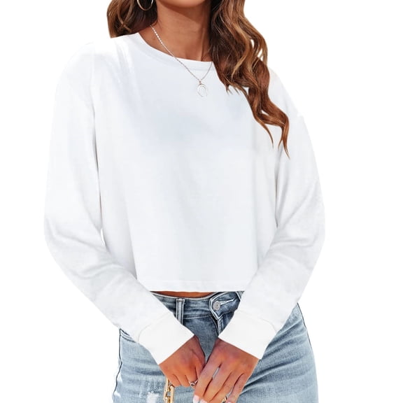 Long Sleeved Women Cropped T-Shirts Round Neck Drop Shoulder Crop Solid Casual Crop Tops