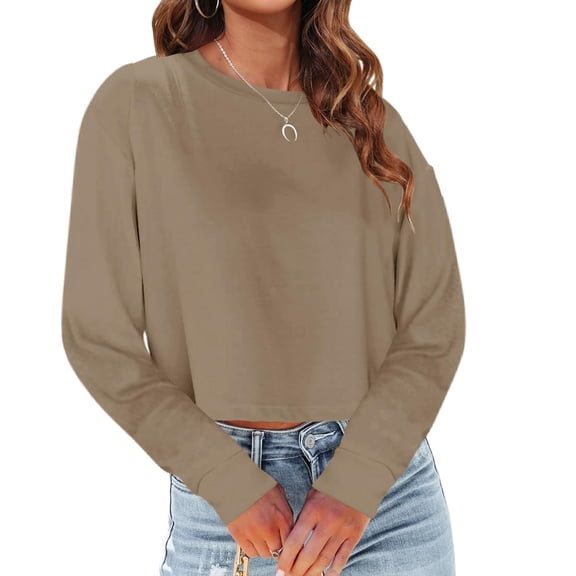 Long Sleeved Women Cropped T-Shirts Round Neck Drop Shoulder Crop Solid Casual Crop Tops