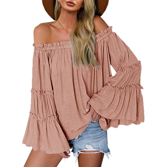 Long Sleeved Women Off Shoulder Casual Blouse Bell Trumpet Sleeve Loose Flared Tops