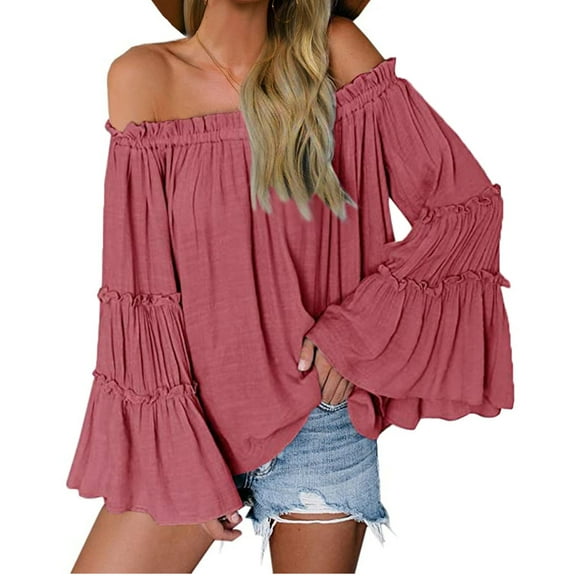 Long Sleeved Women Off Shoulder Casual Blouse Bell Trumpet Sleeve Loose Flared Tops