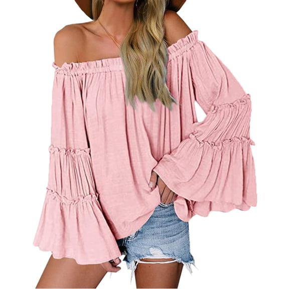 Long Sleeved Women Off Shoulder Casual Blouse Bell Trumpet Sleeve Loose Flared Tops