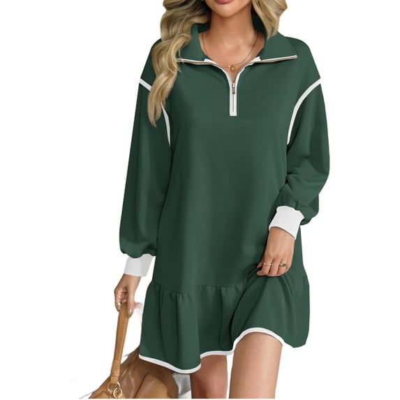 Long Sleeved Women Patchwork Quarter Zipper Loose Ruffle Sweatshirt Dress
