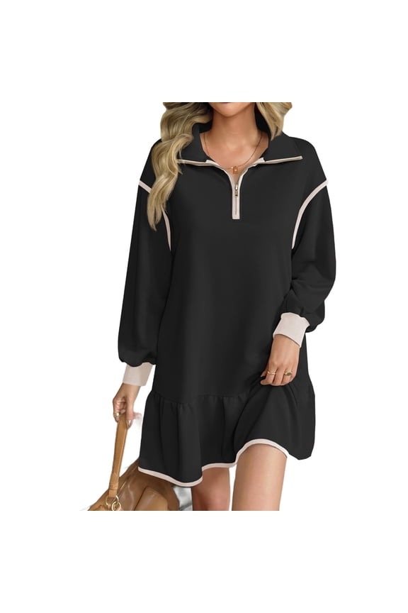 Long Sleeved Women Patchwork Quarter Zipper Loose Ruffle Sweatshirt Dress