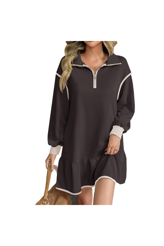 Long Sleeved Women Patchwork Quarter Zipper Loose Ruffle Sweatshirt Dress