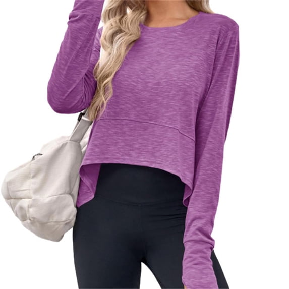 Long Sleeved Women Solid Athletic Crop Shirt Tee
