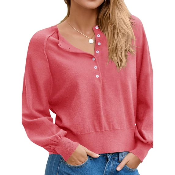 Long Sleeved Women Solid Color Button Down Casual Henley Sweater Knit Pullover