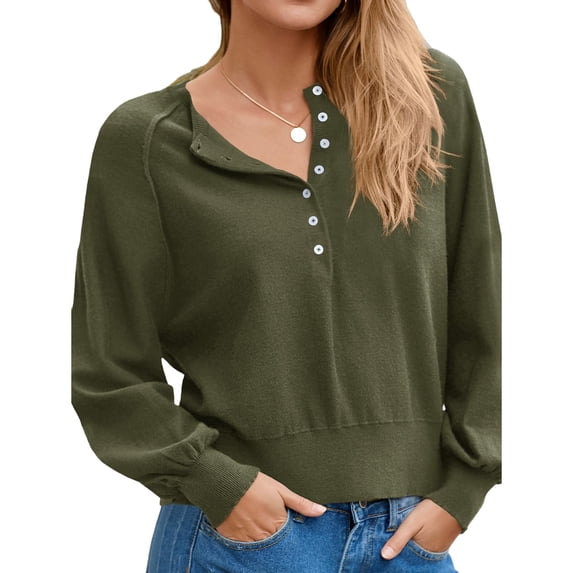 Long Sleeved Women Solid Color Button Down Casual Henley Sweater Knit Pullover