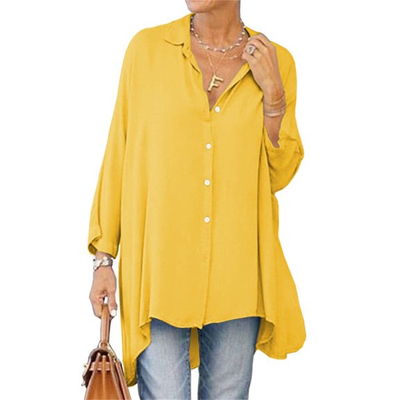 Long Sleeved Women Solid Color Button Down Loose Long A-line Blouse
