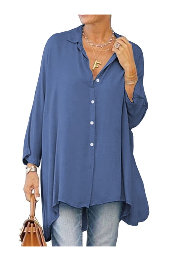 Long Sleeved Women Solid Color Button Down Loose Long A-line Blouse