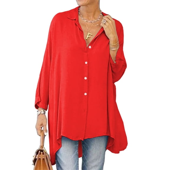 Long Sleeved Women Solid Color Button Down Loose Long A-line Blouse