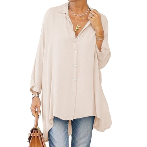Long Sleeved Women Solid Color Button Down Loose Long A-line Blouse