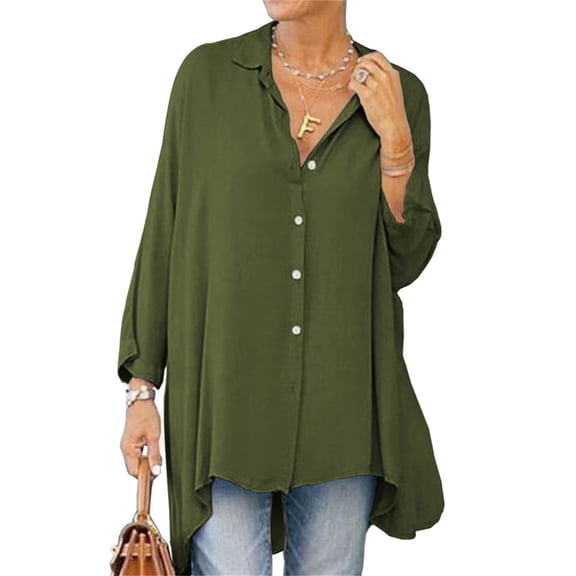 Long Sleeved Women Solid Color Button Down Loose Long A-line Blouse