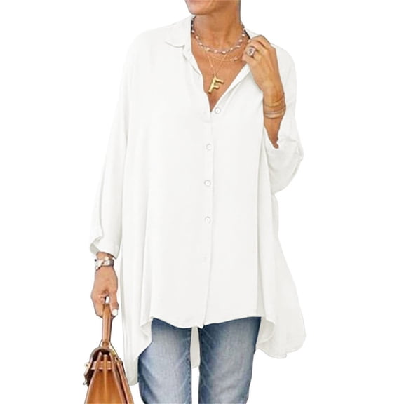Long Sleeved Women Solid Color Button Down Loose Long A-line Blouse