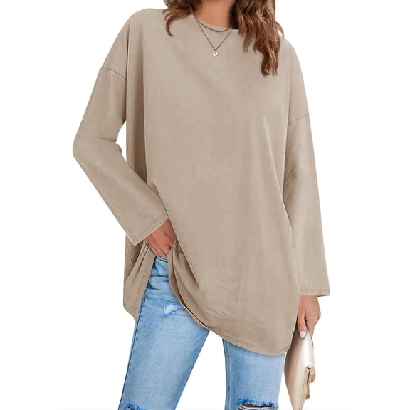 Long Sleeved Women Solid Color Casual Crew Neck Loose Shirt Simple Tops