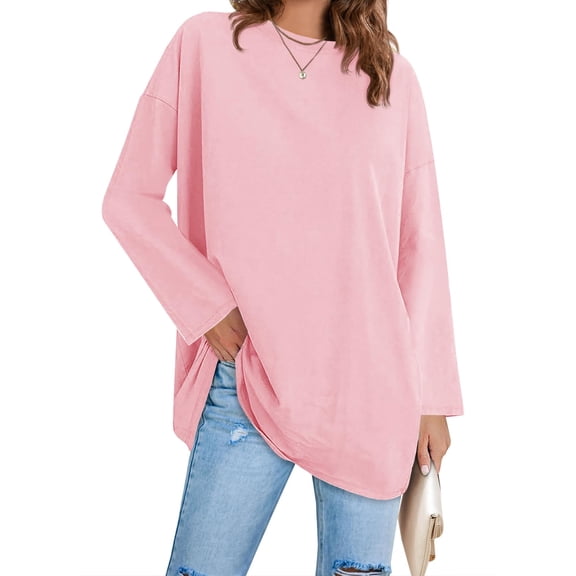 Long Sleeved Women Solid Color Casual Crew Neck Loose Shirt Simple Tops