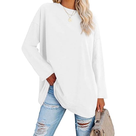 Long Sleeved Women Solid Color Casual Crew Neck Loose Shirt Simple Tops