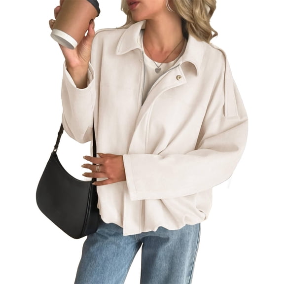 Long Sleeved Women Spring Fall Faux Suede Bomber Jackets Turn-down Collar Casual Lapel Zipper Jacket