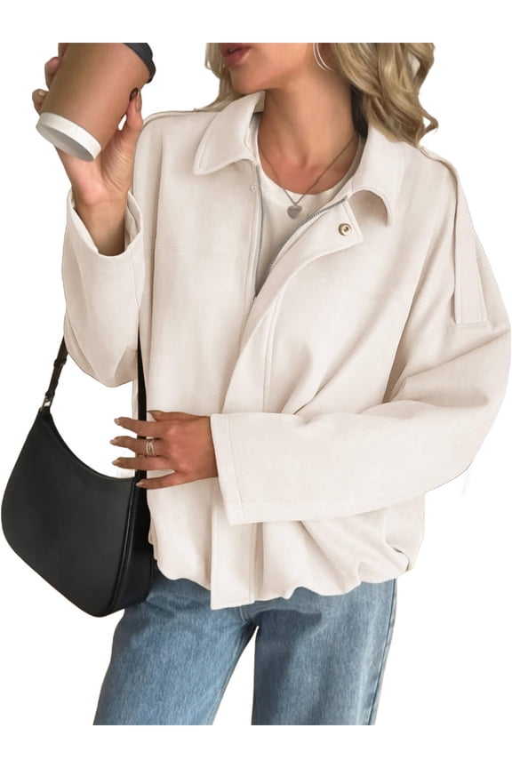 Long Sleeved Women Spring Fall Faux Suede Bomber Jackets Turn-down Collar Casual Lapel Zipper Jacket