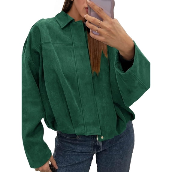 Long Sleeved Women Spring Fall Faux Suede Bomber Jackets Turn-down Collar Casual Lapel Zipper Jacket