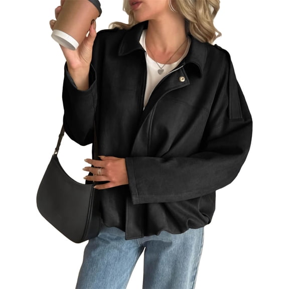 Long Sleeved Women Spring Fall Faux Suede Bomber Jackets Turn-down Collar Casual Lapel Zipper Jacket