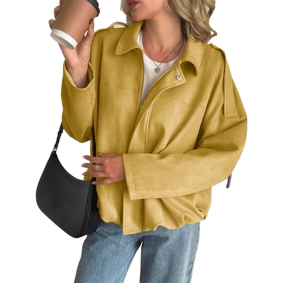 Long Sleeved Women Spring Fall Faux Suede Bomber Jackets Turn-down Collar Casual Lapel Zipper Jacket