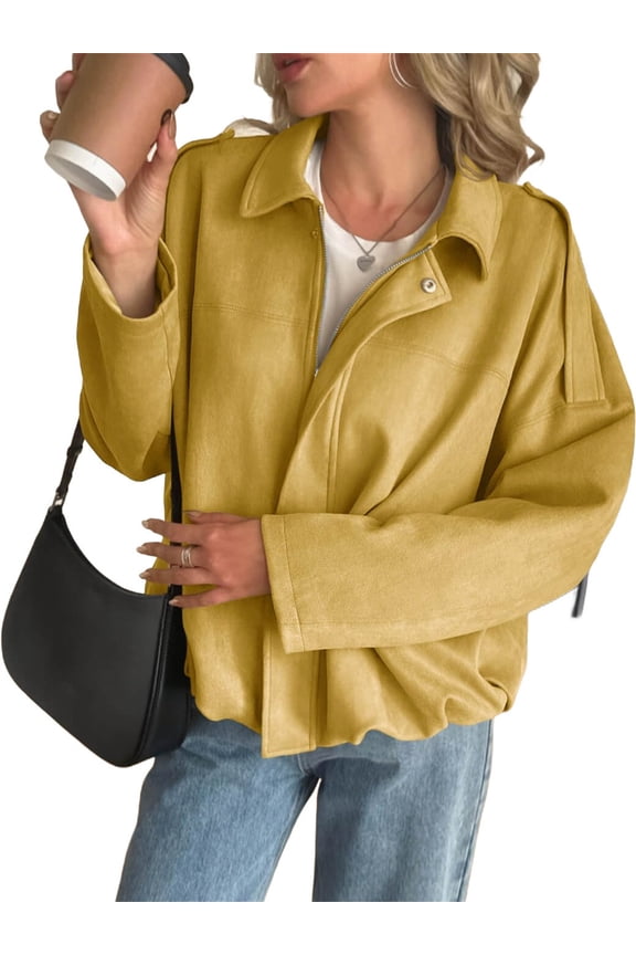 Long Sleeved Women Spring Fall Faux Suede Bomber Jackets Turn-down Collar Casual Lapel Zipper Jacket