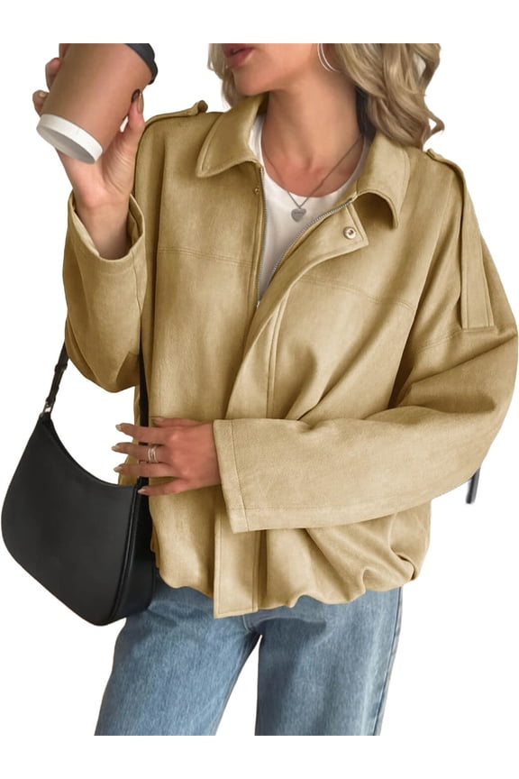 Long Sleeved Women Spring Fall Faux Suede Bomber Jackets Turn-down Collar Casual Lapel Zipper Jacket