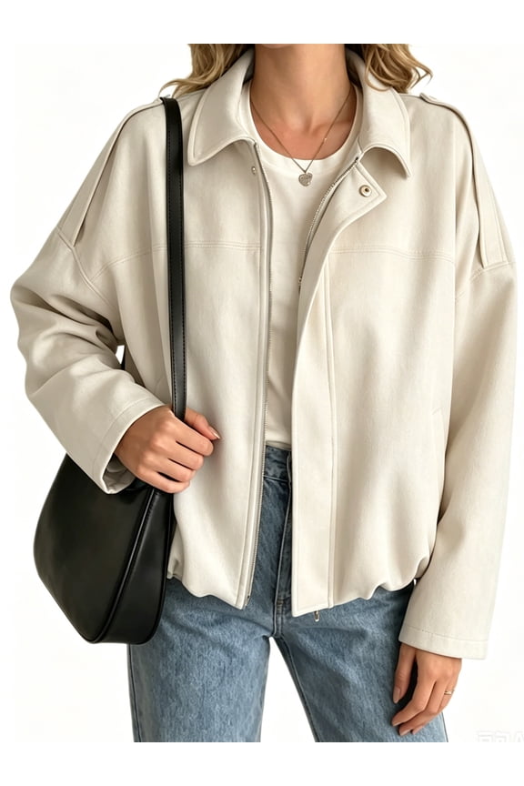 Long Sleeved Women Spring Fall Faux Suede Bomber Jackets Turn-down Collar Casual Lapel Zipper Jacket