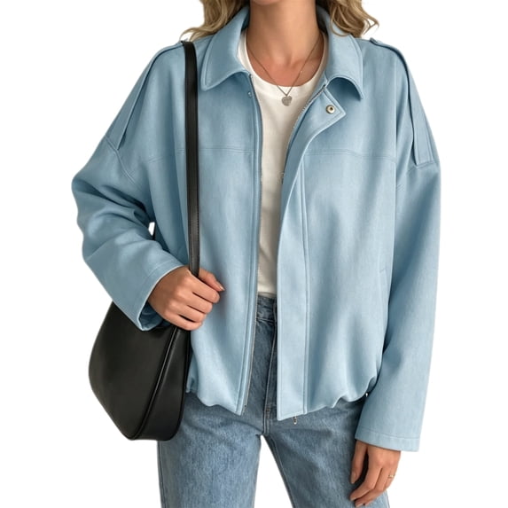 Long Sleeved Women Spring Fall Faux Suede Bomber Jackets Turn-down Collar Casual Lapel Zipper Jacket