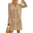 thumbnail image 1 of Long Sleeved Women V Neck Casual Crochet Dress Button Down Mini Cover Ups, 1 of 7