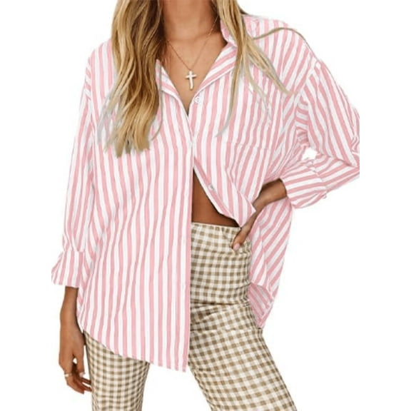 Long Sleeved Women's Blouses Striped Shirts Button Down Loose Fit Casual Tops