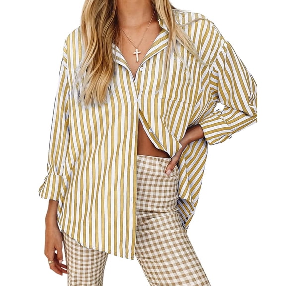 Long Sleeved Women's Blouses Striped Shirts Button Down Loose Fit Casual Tops