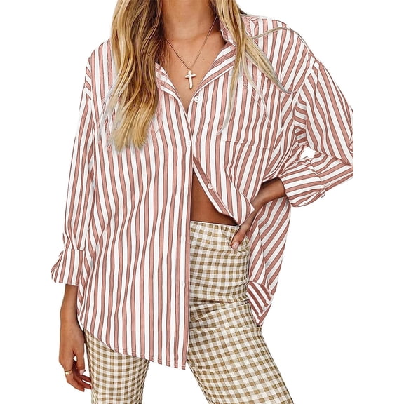 Long Sleeved Women's Blouses Striped Shirts Button Down Loose Fit Casual Tops