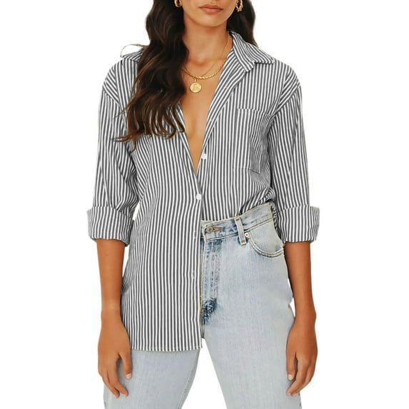 Long Sleeved Women's Blouses Striped Shirts Button Down Loose Fit Casual Tops