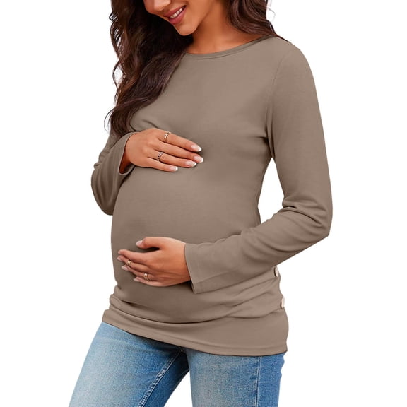 Long Sleeved Women's Casual Comfort Solid Stretch Maternity Tops Side Button and Ruched Waist Top Maternity T-Shirt