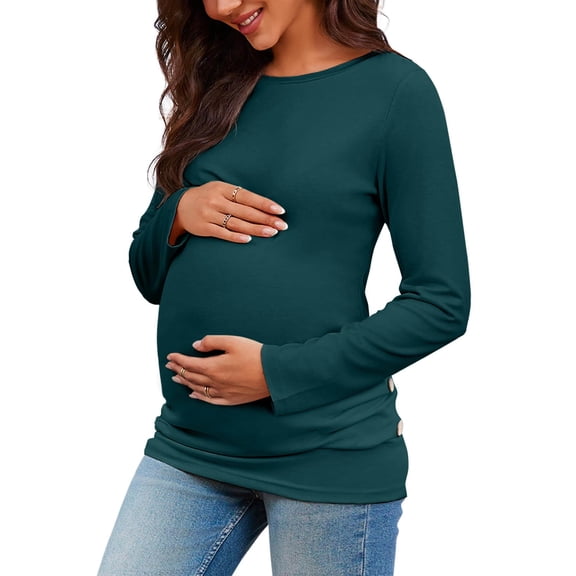 Long Sleeved Women's Casual Comfort Solid Stretch Maternity Tops Side Button and Ruched Waist Top Maternity T-Shirt