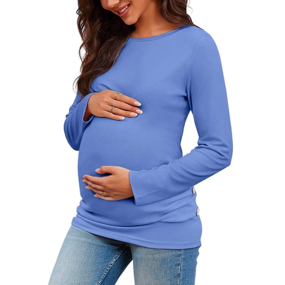 Long Sleeved Women's Casual Comfort Solid Stretch Maternity Tops Side Button and Ruched Waist Top Maternity T-Shirt