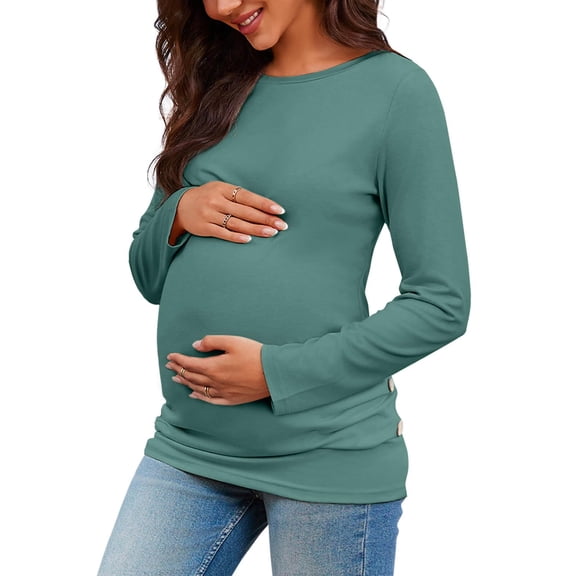 Long Sleeved Women's Casual Comfort Solid Stretch Maternity Tops Side Button and Ruched Waist Top Maternity T-Shirt